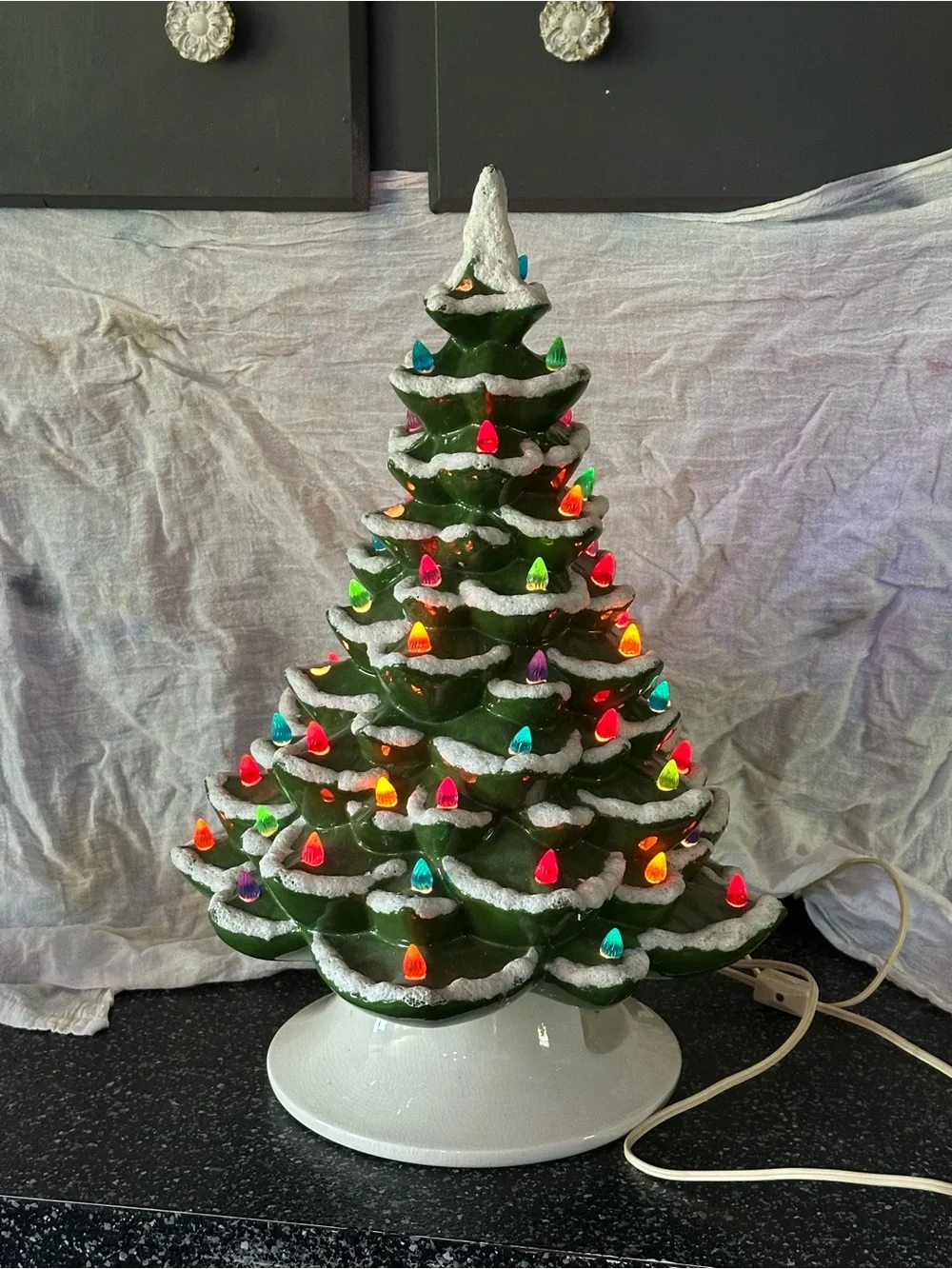 Vintage 1970’s Ceramic Green Snow-Tipped Holiday Tree with Multicolor Lights